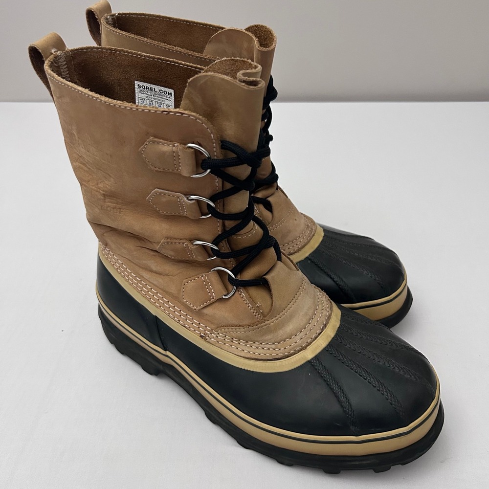 Sorel Caribou Mens 10 Buff Black Waterproof Leather Rubber Snow Boots
